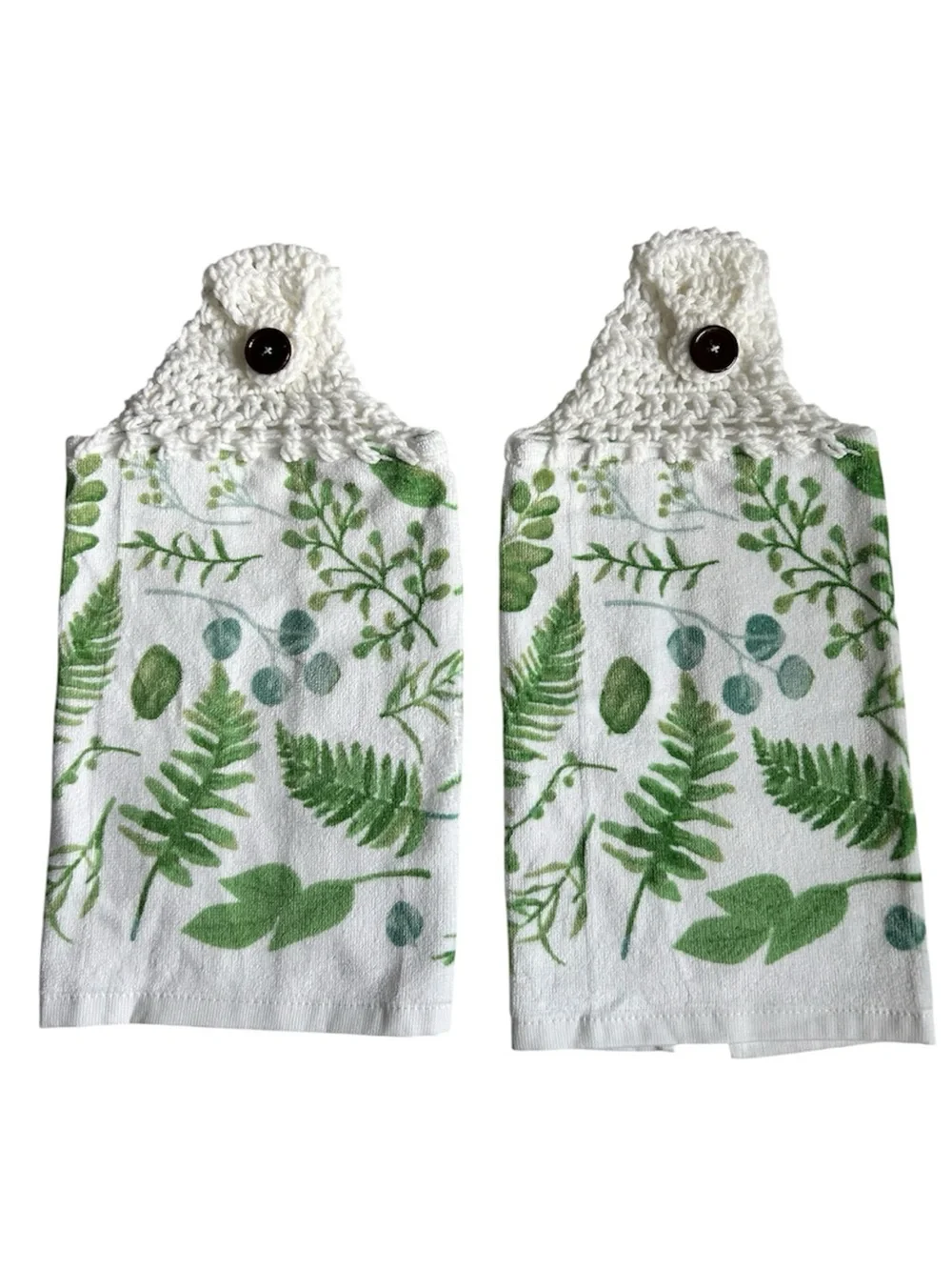 Hand Crafted Colorful Green Ferns Hanging Hand Towels Crochet Top Button Closure